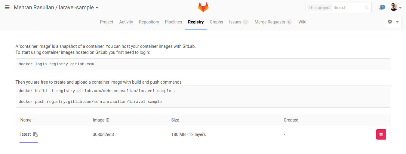 container registry page with image
