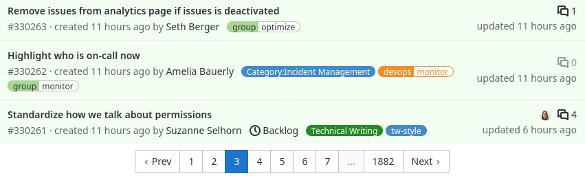 Project issues page with pagination